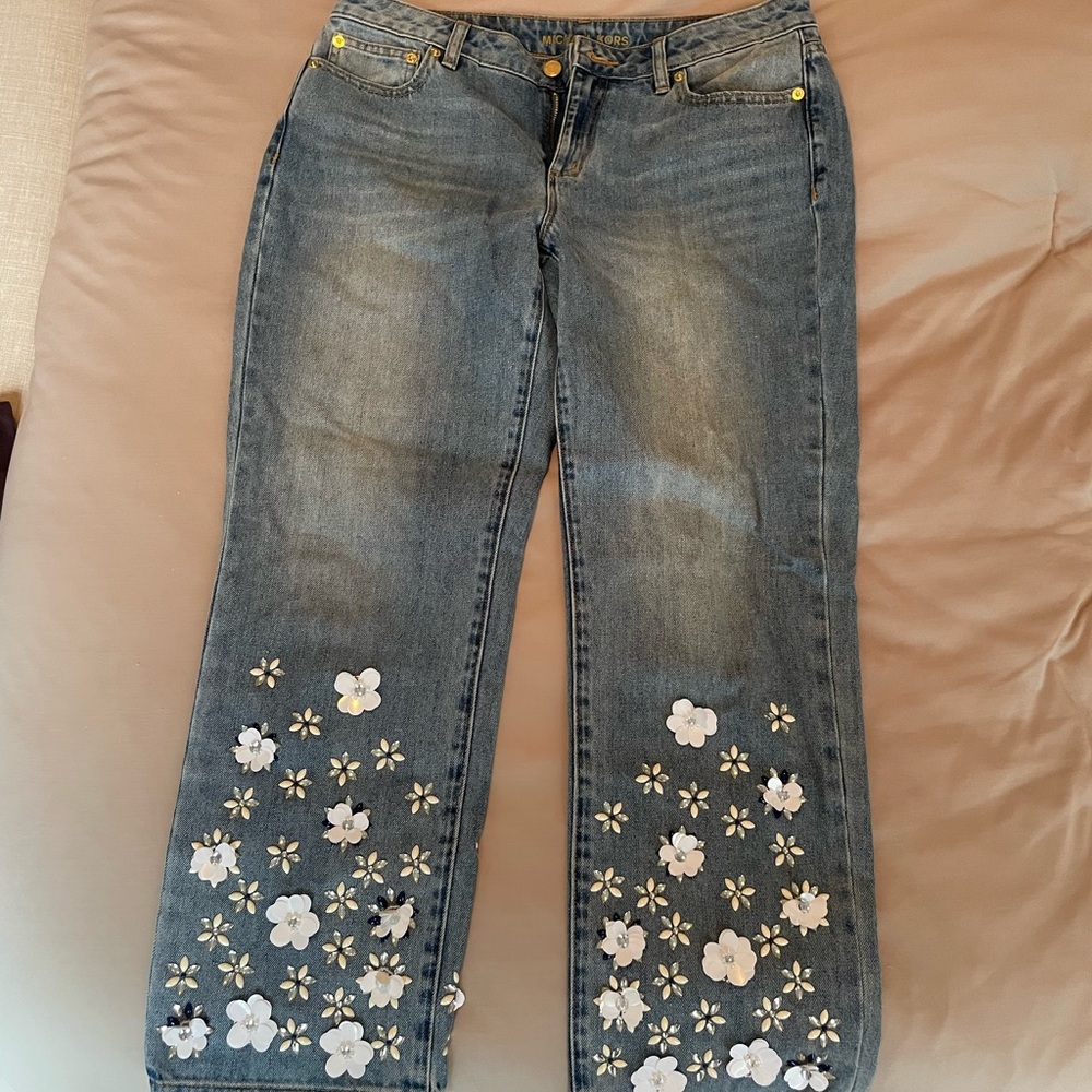 Michael Kors Floral Embroidered Blue Jeans
